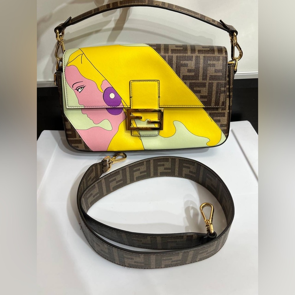 Fendi Antonio Lopez Baguette NM Bag Zucca Coated Canvas with Printed Leather Inl
